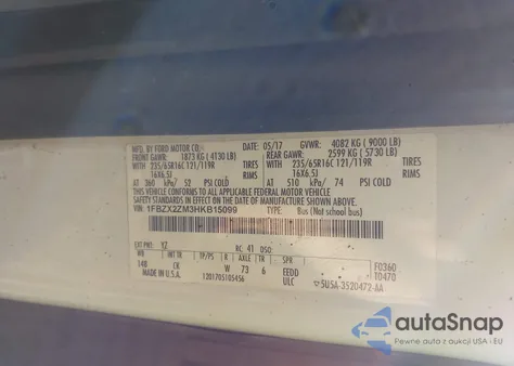 2017 Ford Transit-350 Xlt z USA, uszkodzony, nr VIN 1FBZX2ZM3HKB15099